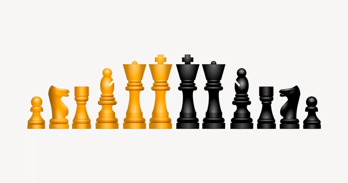 A full set of chess pieces arranged in a row from pawn to king